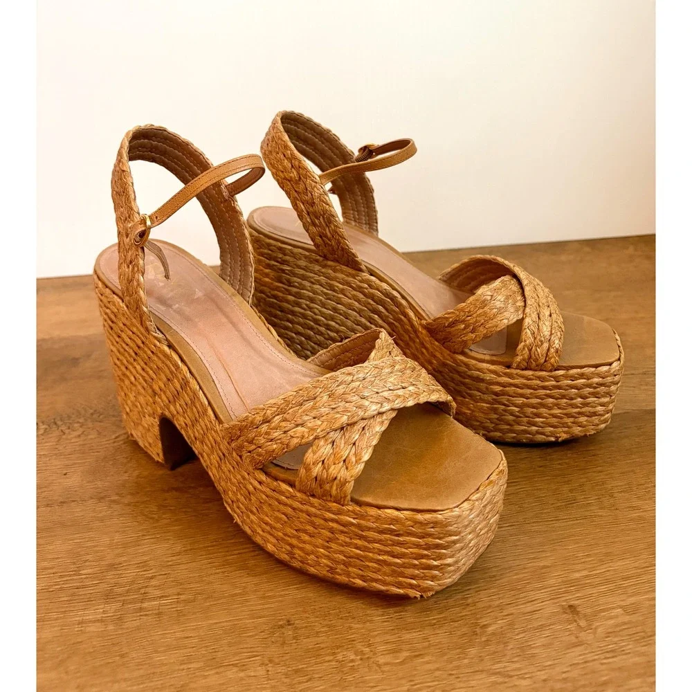 RAYE Wallis Women's 10 Natural Raffia Platform Block Heel Sandals